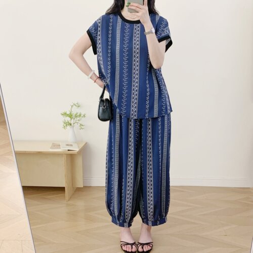 夏季棉绸人造棉显瘦阔腿裤两件套