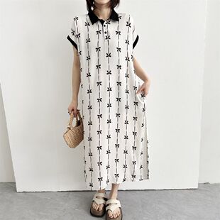 2026年夏季女款棉绸连衣裙高级感法式长裙大码POLO衫领人造棉休闲