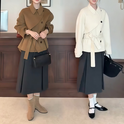 咖啡色短款小翻领毛呢外套女简约