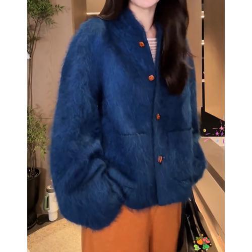 宽松深蓝色毛绒慵懒风毛呢外套女