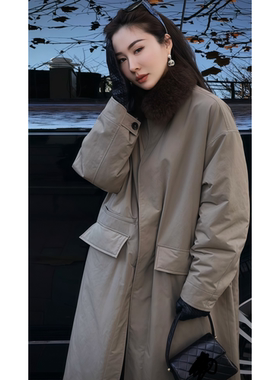 2025冬季新款韩版休闲大气直筒款长款浅灰色毛绒夹棉款风衣外套女