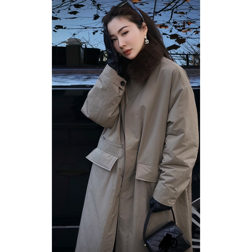 长款浅灰色毛绒夹棉款风衣外套女