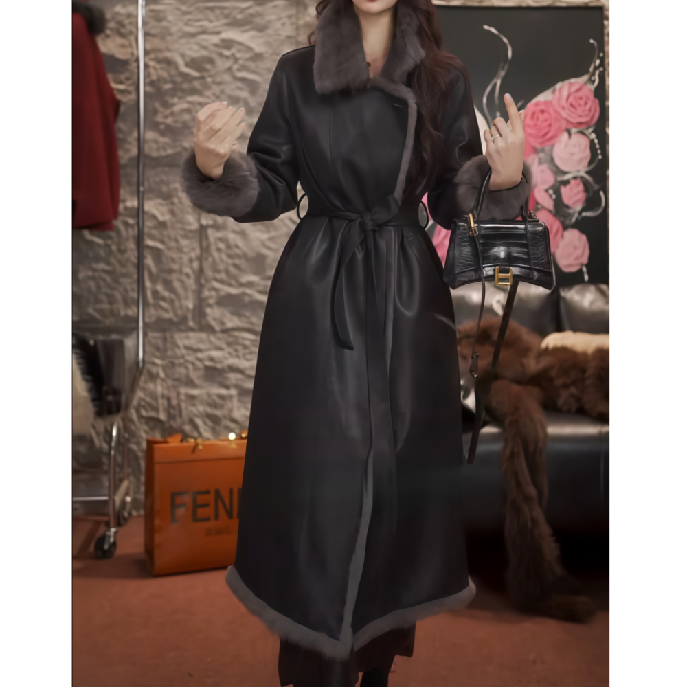 纯色长款皮质毛领系带收腰棉衣女