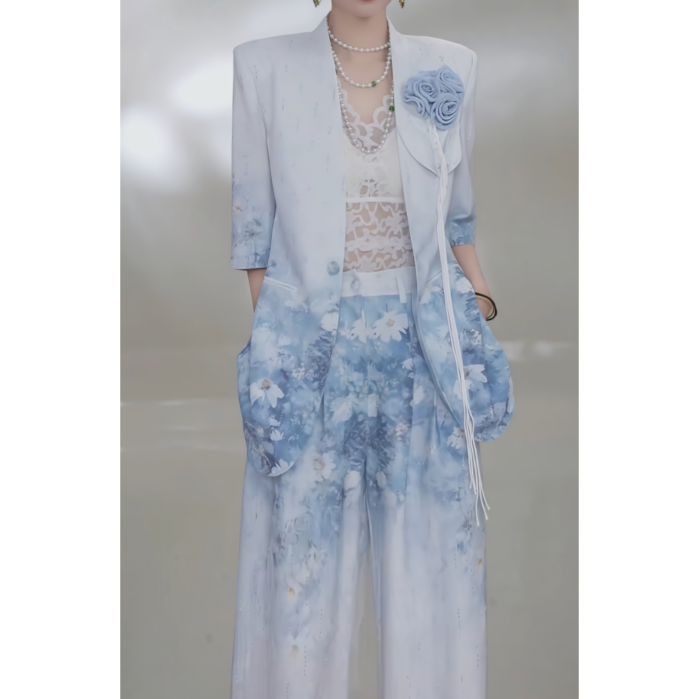 夏季新款潮牌女装新中式手绘图渐变西装女百搭套装印花西装套装