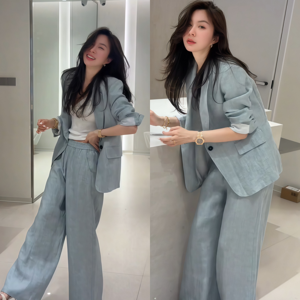 2026年春季新款韩系休闲宽松百搭款灰色西装外套直筒裤两件套装女