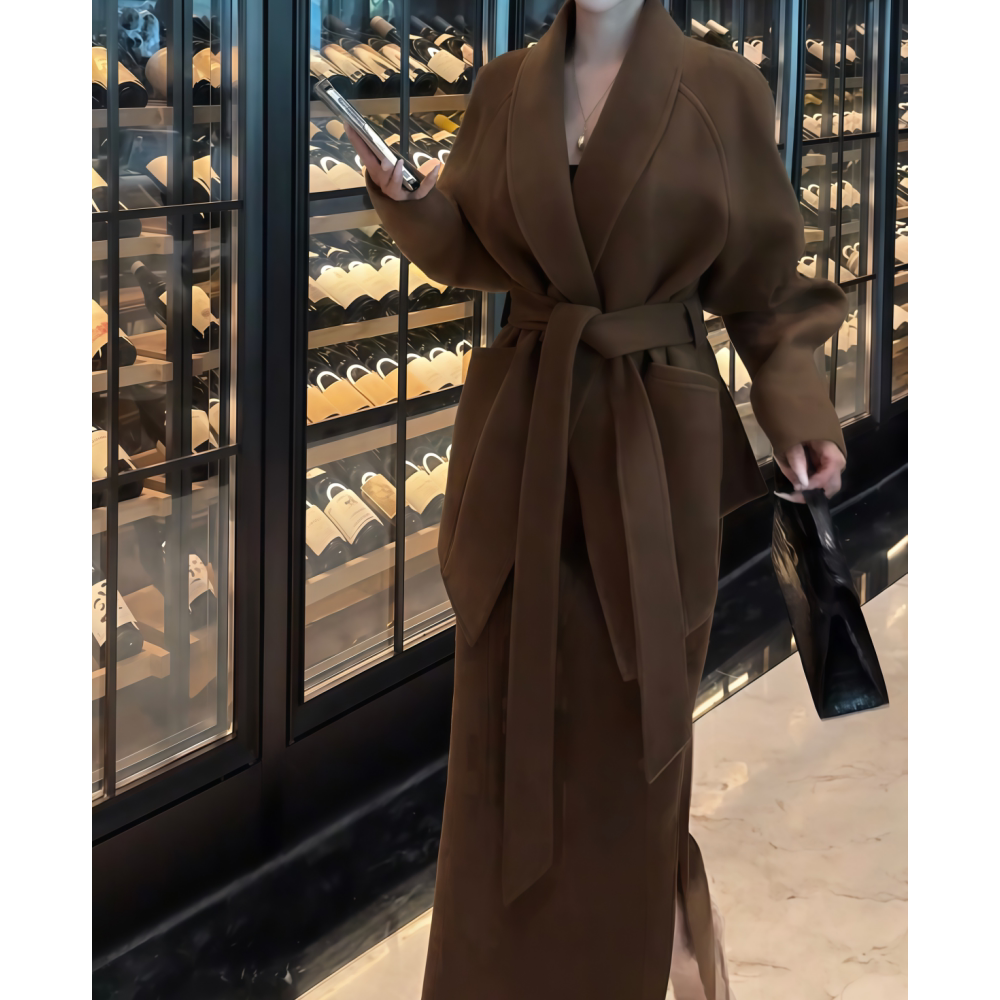 咖啡色中长毛呢开衫半身裙套装女