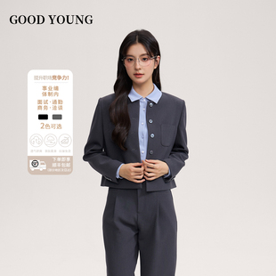 上衣职业春秋半身裙休闲面试西装 女圆领西装 YOUNG灰色短款 GOOD