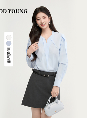 GOODYOUNG蓝色衬衣高级感小个子面试夏季V领百搭衬衫女通勤长袖