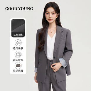 外套女灰色面试正装 职场通勤高级感小个子显瘦西服 YOUNG西装 GOOD