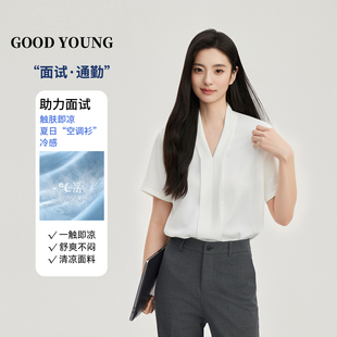 GOODYOUNG白色春夏开衫V领短袖衬衫抗皱高级感面试衬衣职业通勤女