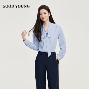 GOODYOUNG2025新款高级感气质V领蝴蝶结飘带百搭款衬衫女通勤长袖