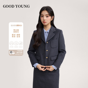 GOOD YOUNG灰色女厚款短款纯羊毛毛呢西装A字裙高级感通勤外套
