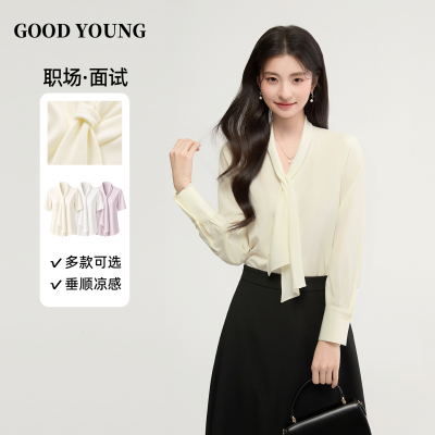 GOODYOUNG简约通勤浅黄色长袖衬衫女飘带设计感气质显瘦职业上衣
