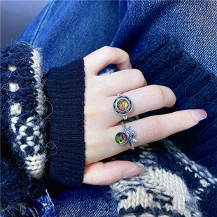 ninisn 925银镶嵌斑彩石戒指七彩宝石转动幸运礼物大自然艺术品女