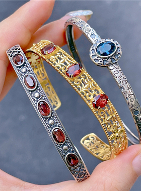 东南亚风女925银雕花镂空手镯