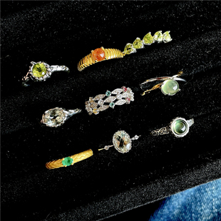 ninisn 925银金太阳葡萄石橄榄石绿水晶祖母绿绿水晶戒指小众森系