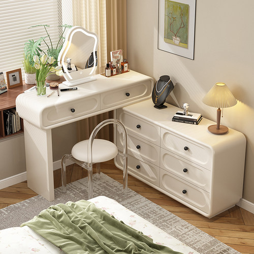 奶油风实木烤漆带斗柜梳妆台