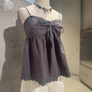 ONE 春季 新款 蝴蝶结刺绣吊带背心纯棉深灰吊带背心 MOMENT正品