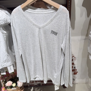 纯色休闲棉质V领数字灰色印花女长袖 正品 T恤 MOMENT春季 ONE