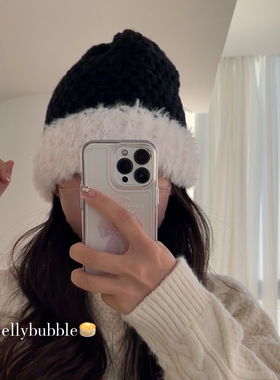 三色入|ins双色毛毛针织帽秋冬保暖黑白灰色卡其色加厚帽子护耳帽