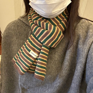 小众百搭织毛线围脖柔软学院风 新款 彩色冬天 保暖条纹围巾冬季