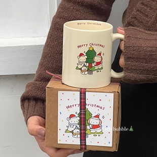 祝你圣诞快乐呀 可爱小狗圣诞树奶黄色手柄马克杯咖啡杯圣诞礼物
