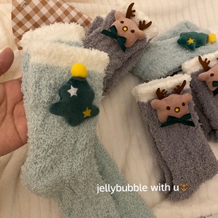 秋冬珊瑚绒厚款 感 仪式 保暖毛袜子家居情侣中筒袜保暖 圣诞节