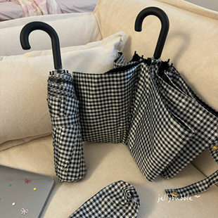 简单点黑白格子～基础格子黑胶雨伞 三折便携防紫外线太阳晴雨伞