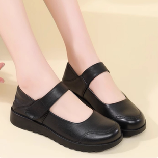 中老年真皮女鞋老人平底软牛皮鞋奶奶方口鞋工作鞋妈妈拉带跳舞鞋