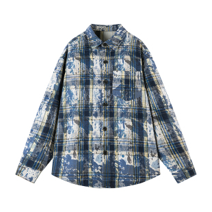 美式 2025AW 高街扎染长袖 格子衬衫 休闲衬衣 ULTIMATE 情侣款 GOAL