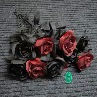 酒暗红黑色仿真玫瑰假绢花单枝哥特朋克万圣装饰把束动漫婚礼萝莉