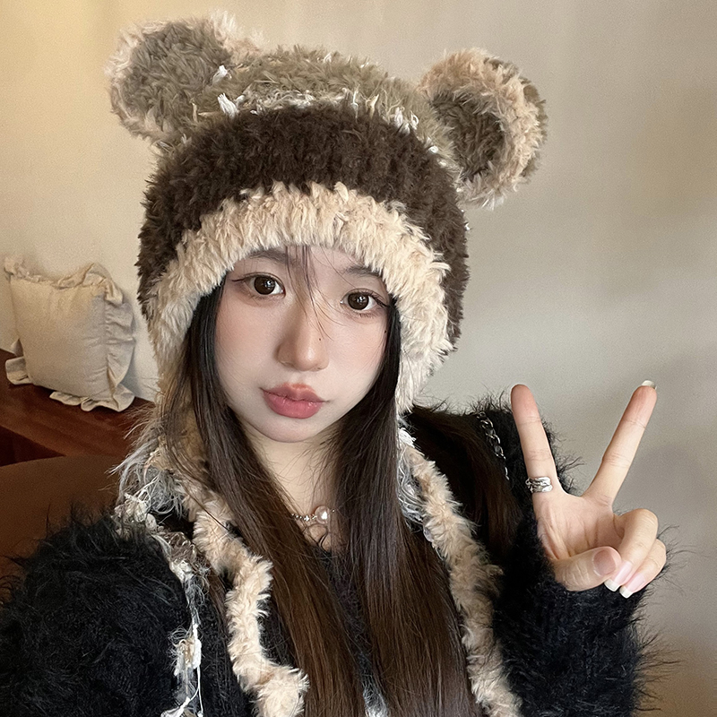 甜美可爱毛绒绒小熊耳朵包头帽子女秋冬季户外防寒保暖百搭雷锋帽