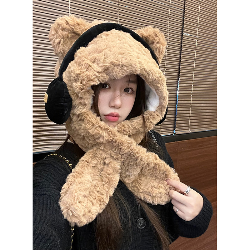 可爱耳机小熊帽子围巾一体女秋冬毛绒加厚保暖骑车护耳雷锋帽新款