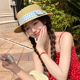 日系甜美蝴蝶结草帽女夏季 法式 优雅细草平顶礼帽度假防晒遮阳帽子