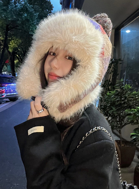 格纹复古针织毛球雷锋帽女冬季滑雪加绒防寒保暖毛线绒加绒护耳帽