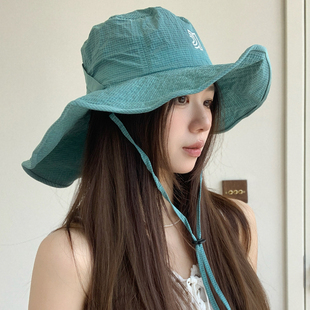 户外速干格子渔夫帽女夏季薄款透气防晒遮阳帽大帽檐徒步登山帽子