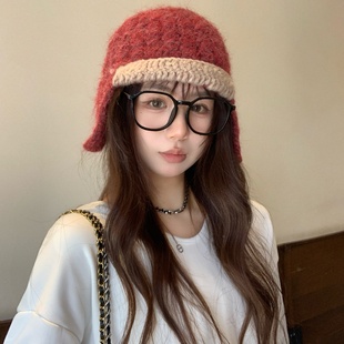 2025新款复古红色针织飞行帽女秋冬滑雪保暖休闲百搭抽绳毛线帽子