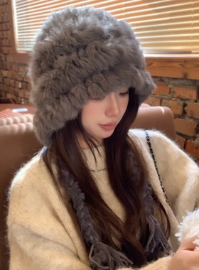 氛围感兔毛混纺毛绒护耳帽子女大头围保暖防寒针织帽女秋冬包头帽