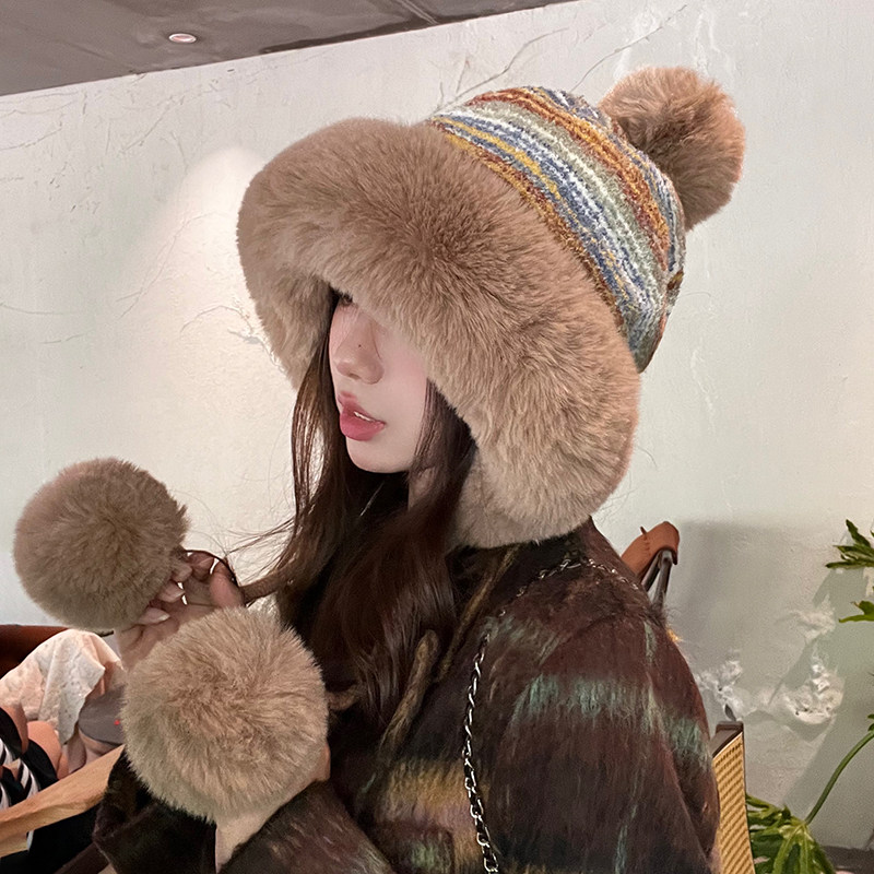 2024新款民族风彩色针织毛绒帽冬季加绒加厚保暖护耳雷锋帽子女潮,服饰配件/皮带/帽子/围巾,帽子,淘宝优惠券,粉丝福利购,淘宝优惠卷