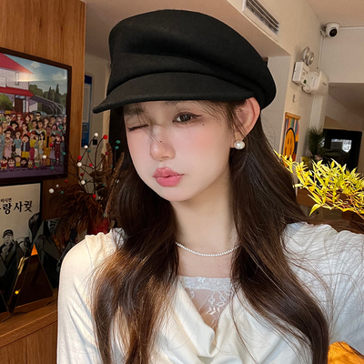 贝雷帽逛街韩版女秋冬长檐纯羊毛