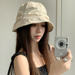 日系小众设计感褶皱渔夫帽女夏季薄款亚麻遮阳帽子大头围圆脸盆帽