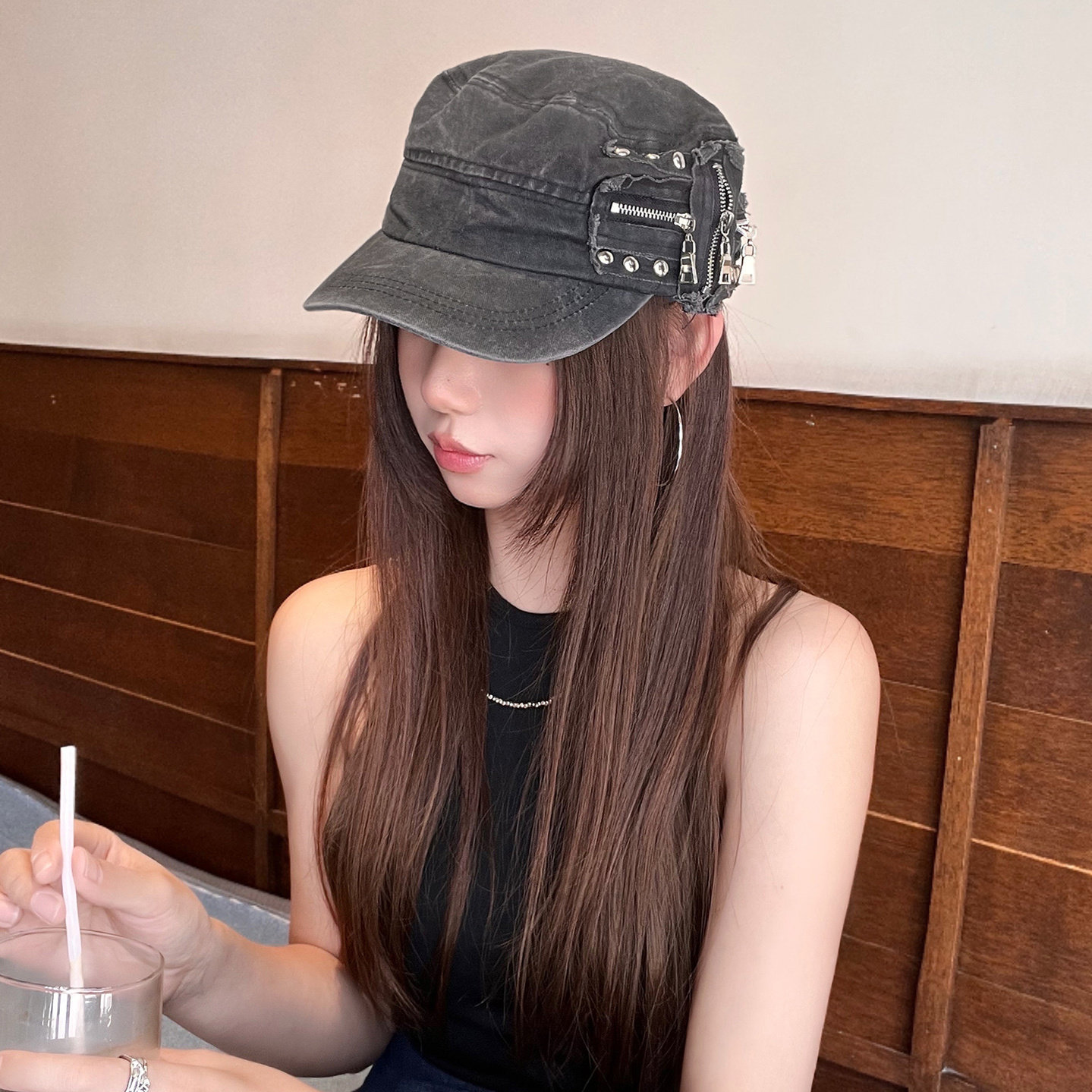 美式街头辣妹朋克风铆钉拉链平顶帽女小众重工y2k复古潮酷鸭舌帽