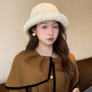 日系羊羔毛圆顶盆帽女士气质卷边台灯帽秋冬季优雅纯色百搭渔夫帽