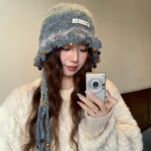 川西旅行彩色毛绒针织帽子女手工毛线帽流苏花瓣保暖包头帽绑带潮