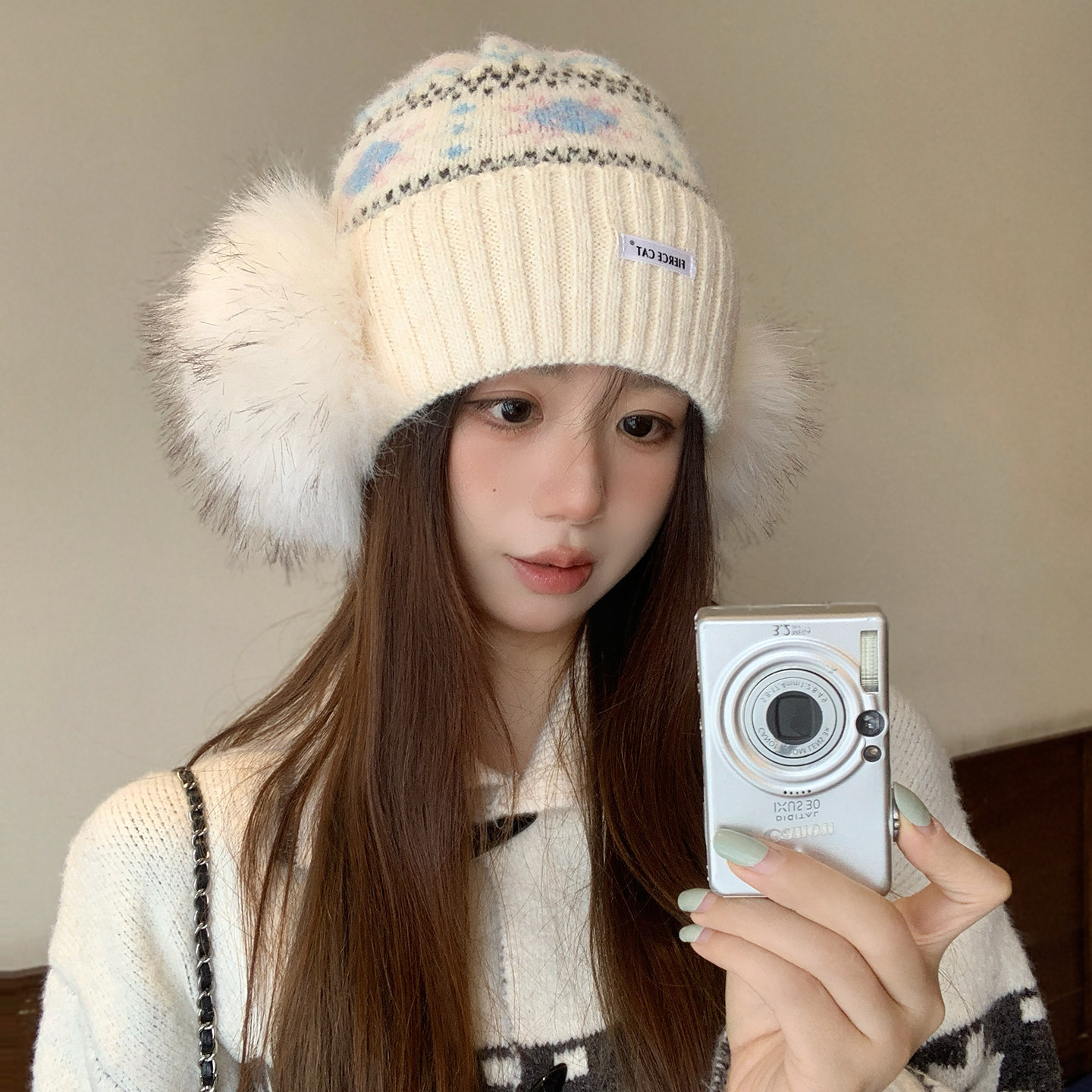 费尔岛风耳罩针织毛线帽子女秋冬季保暖护耳套头帽大头围滑雪冷帽