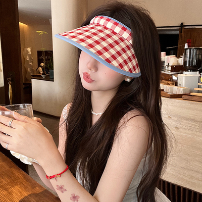 韩版ins格子红色空顶帽
