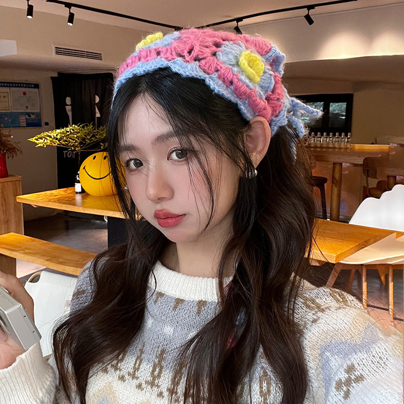 法式田园风花朵针织腰带头巾多巴胺三角巾女春秋甜美海边发带发饰