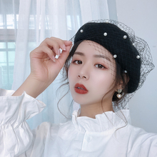 羊毛呢珍珠网纱贝雷帽子女英伦复古画家帽韩版 秋冬季 南瓜蓓蕾帽潮