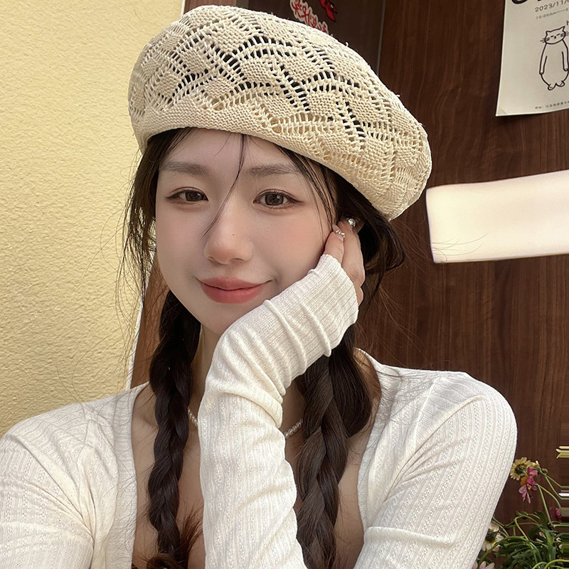 韩系镂空个性贝雷帽子女春夏秋时尚洋气高级感气质蓓蕾帽画家帽潮