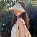 新款 甜美蝴蝶结毛絮边空顶草帽女夏季 海边度假遮阳防紫外线防晒帽